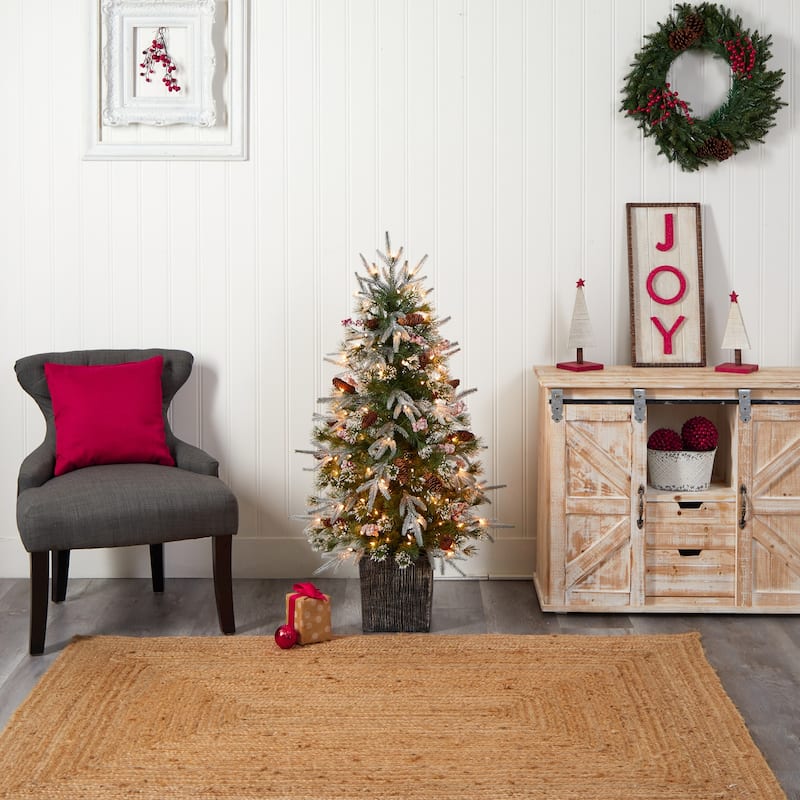 4Ft Frosted Christmas Tree with Lights & Berries - Holiday Decor Indoor Tree in Planter - Green - 48