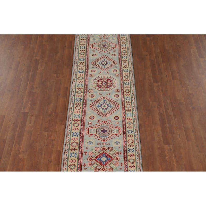 Light Blue Kazak Runner Rug Hand-Knotted Oriental Foyer Wool Carpet - 2'8" x 16'0"