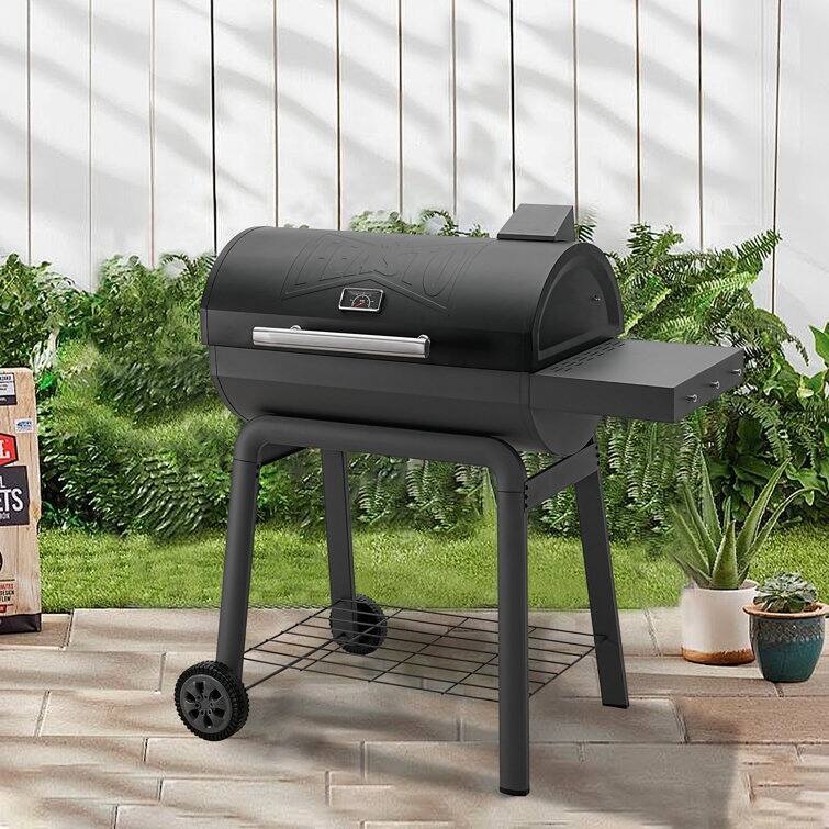 Feasto 28in BBQ Barrel Charcoal Grill With Side Shelf, Heavy Duty Outdoor BBQ Grill with 664 Square inches Cooking Area