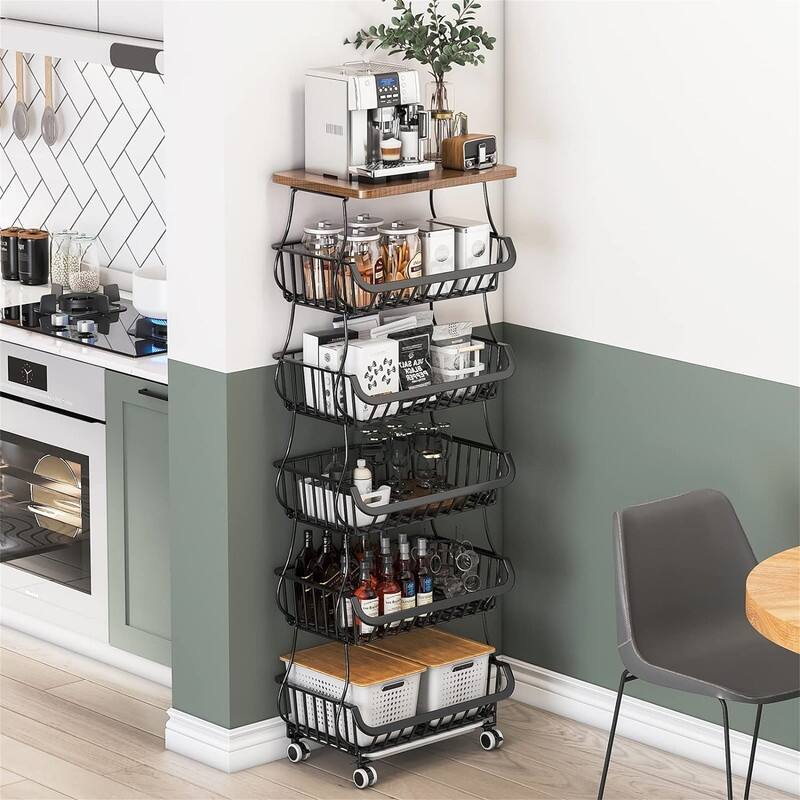 5 Tier Fruit Vegetable Basket for Kitchen with Wooden Tabletop