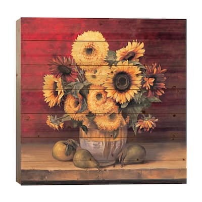 Sunflowers With Pears Print On Wood by Andres Gonzales - Multi-Color