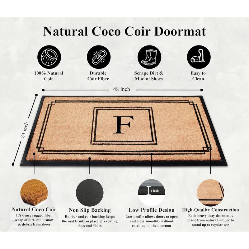 A1HC Natural Coir and Rubber Monogrammed Front Porch Entry Doormat 24"X48" Black/Beige