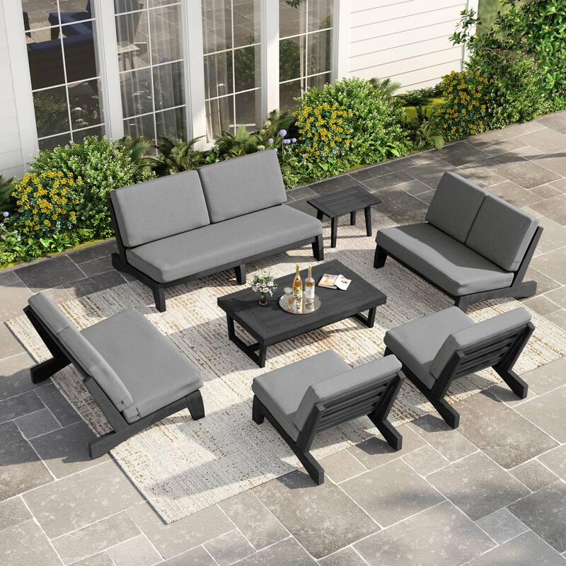 Casual Teak Wood Large 7-Piece Outdoor Patio Conversation Set - Dark Wood - Grey