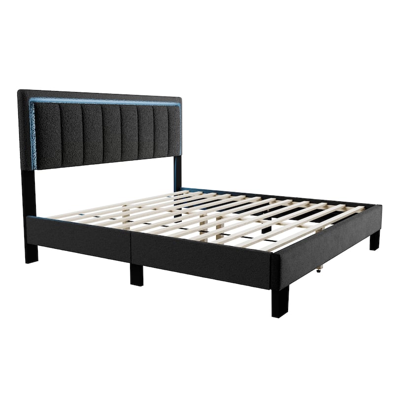 Modern Style 1pc Bed Set Channel Tufted Built In LED Light Headboard Charcoal Finish Bedroom Furniture