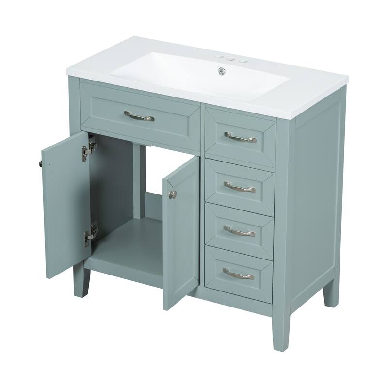 36" Blue Bathroom Vanity with Undermount Sink, Freestanding Design, Solid Rubber Wood & MDF Cabinet