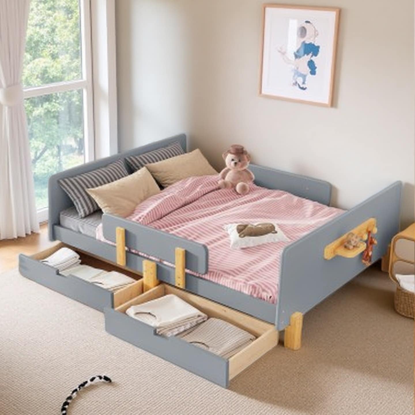 Full Size Wooden Platform Bed with Storage Drawers, Side Shelf and Hooks, Guardrails, Solid Wood Slats, No Box Spring Needed