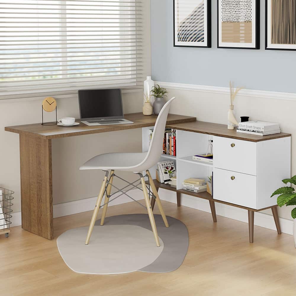 Madesa Modern L Shaped Desk 59 Inch with 2 Drawers and 4 Storage Shelves Home Office Corner Study Table- White/Brown