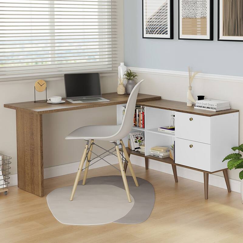 Madesa Modern L Shaped Desk 59 Inch with 2 Drawers and 4 Storage Shelves Home Office Corner Study Table- White/Brown