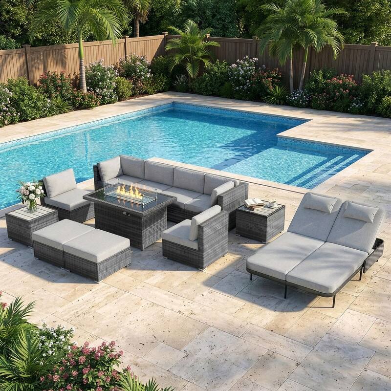 Outdoor Sectional Conversation Set PE Wicker with Double Chaise Lounge, 60,000 BTU Fire Pit Table - 12-Piece/Ottoman & Table - Light Gray