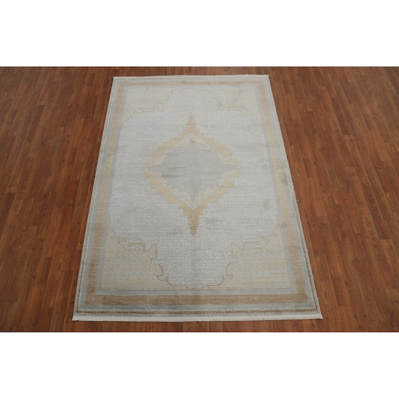 Machine Made Oriental Polyester Carpet Traditional Medallion Greys & Charcoal Tabriz Area Rug - 7' 5'' X 5' 2''