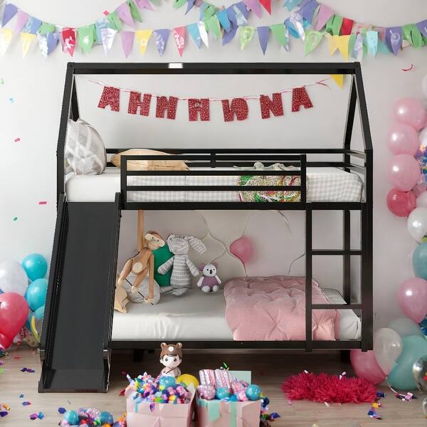 slide 2 of 28, Twin Over Twin House Bunk Bed With Convertible Ladder and Slide for Home Black