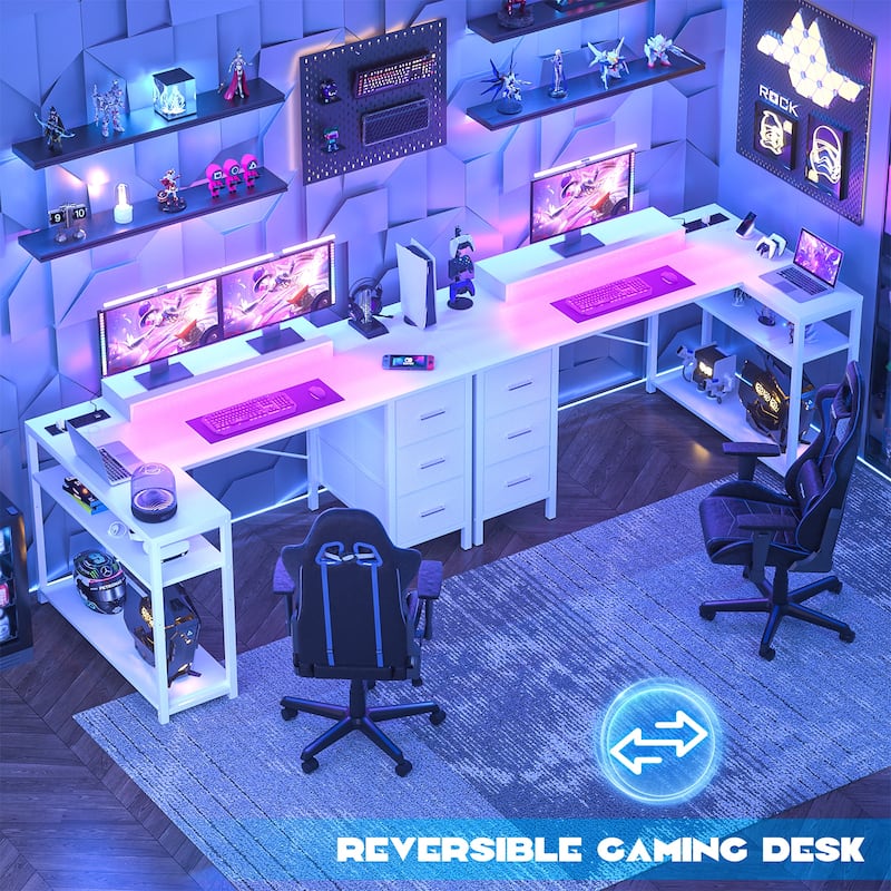 Reversible 53'' L Shaped Computer Desk with Power Outlets & LED Lights,Gaming Desk with 3 Drawers & Monitor Stand
