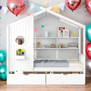 Modern Full Size House Bed Kids Bed with 2 Drawers and Storage Shelf,Solid Construction