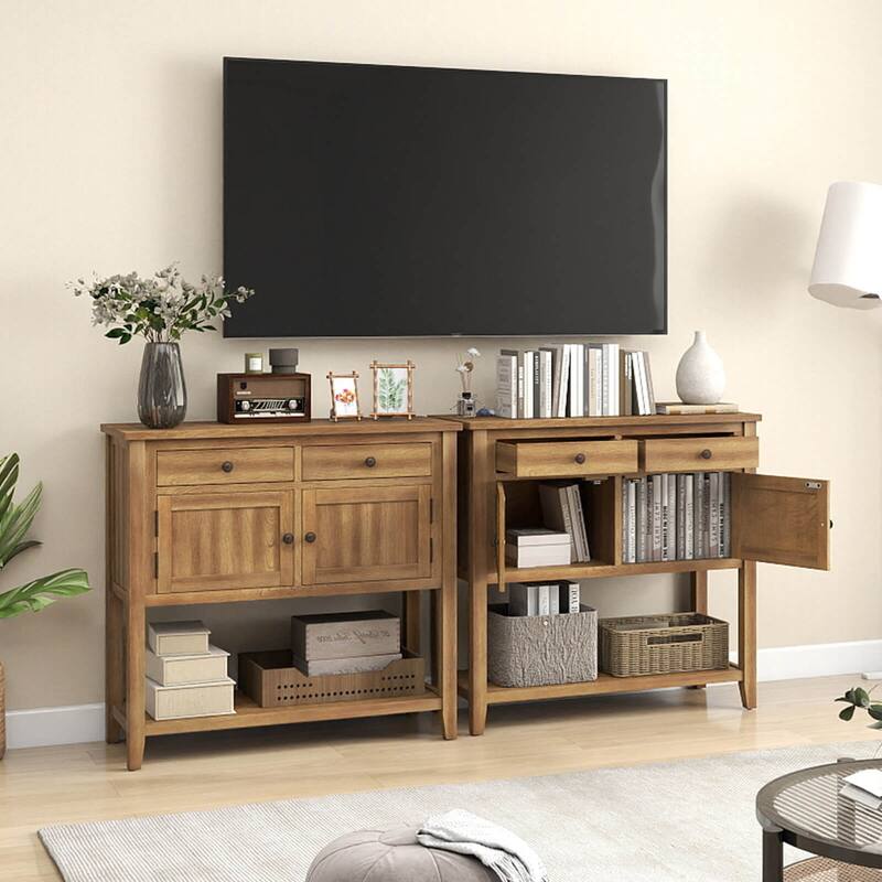 Costway Mid-Century Console Table with 2 Drawers, 2 Cabinets & Bottom - See Details