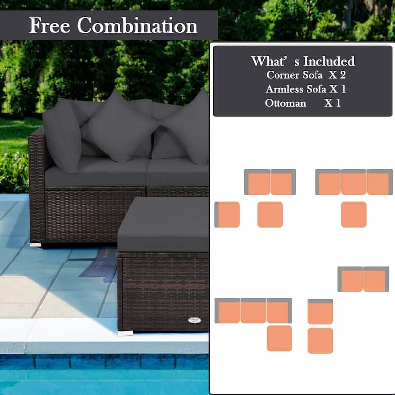 4 Pieces Patio Rattan Furniture Set with Removable Cushions and Pillows - Corner Sofa: 29" x 29" x 25"