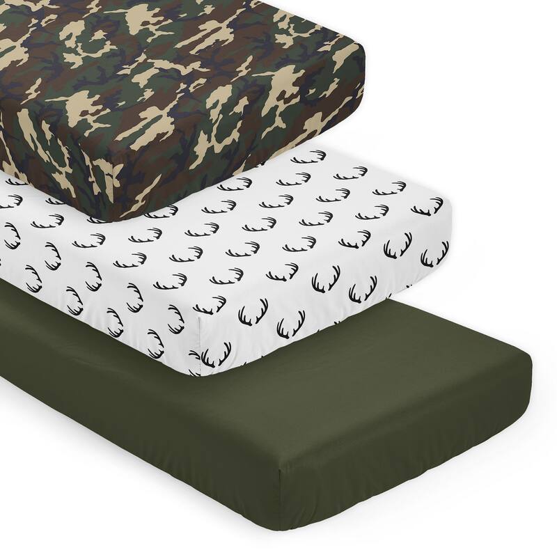Sweet Jojo Designs Woodland Camo Deer Boy 3 Pack Fitted Crib Sheets - Solid Forest, Green Army Camouflage & White/Black Antler