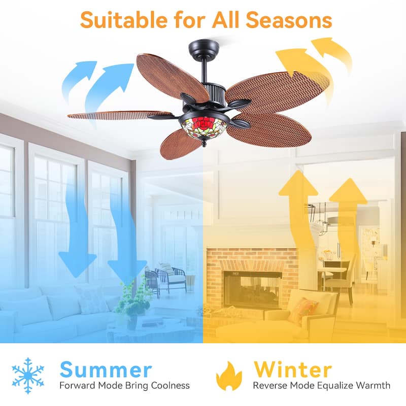 50" TiffanyTropical Ceiling Fan with 5 Palm Leaf Bllades and Vintage Cover Waterproof for Indoor and Outdoor Patio