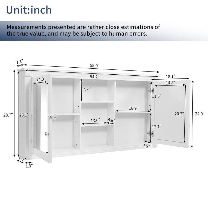 55" Wall-Mount 2-in-1 Mirror Cabinet with Adjustable Shelves & Soft-Closing Hinges, HD Bathroom Storage Organizer