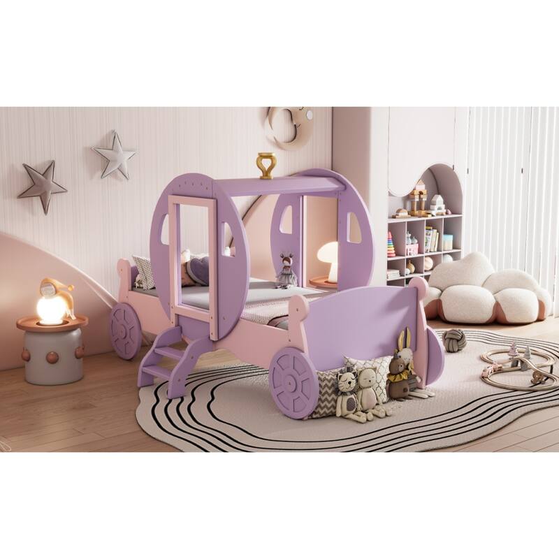 Twin Size Kids Princess Bed, Carriage Bed with Crown Decor, Wood