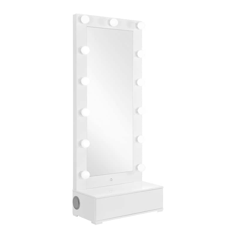 HomeRoots 74" White Wood Lighted Freestanding Framed Full Length Mirror - 30.08 in. x 74.41 in. x 14.96 in.