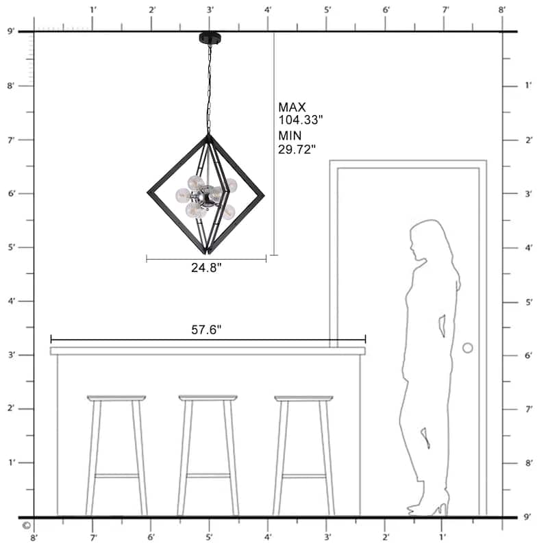 Modern Black Sputnik Chandelier with Clear Glass Shades for Dining Room - Dia.24.8-in