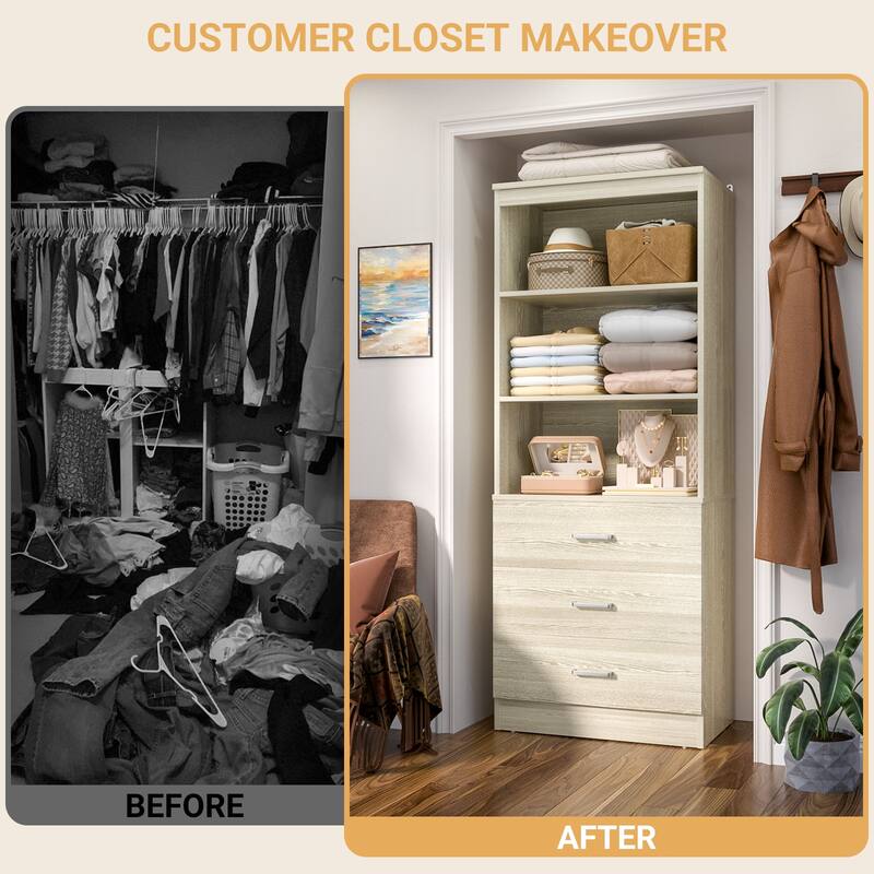 23.6" W Closet System with 3 Wooden Drawers and Storage Shelves, 2FT Sturdy Walk-in Organizer Storage Unit