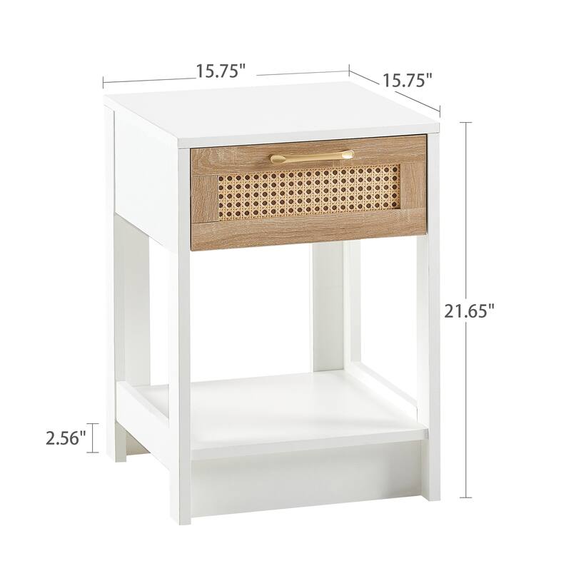 15.75" Rattan End table with Drawer Modern Nightstand Side Table