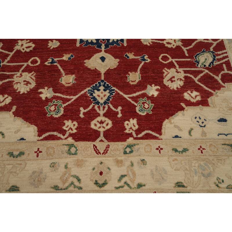 Hand Knotted Oriental 100% Wool Carpet Transitional Medallion Red Oushak Area Rug - 9' 8'' X 8' 2''