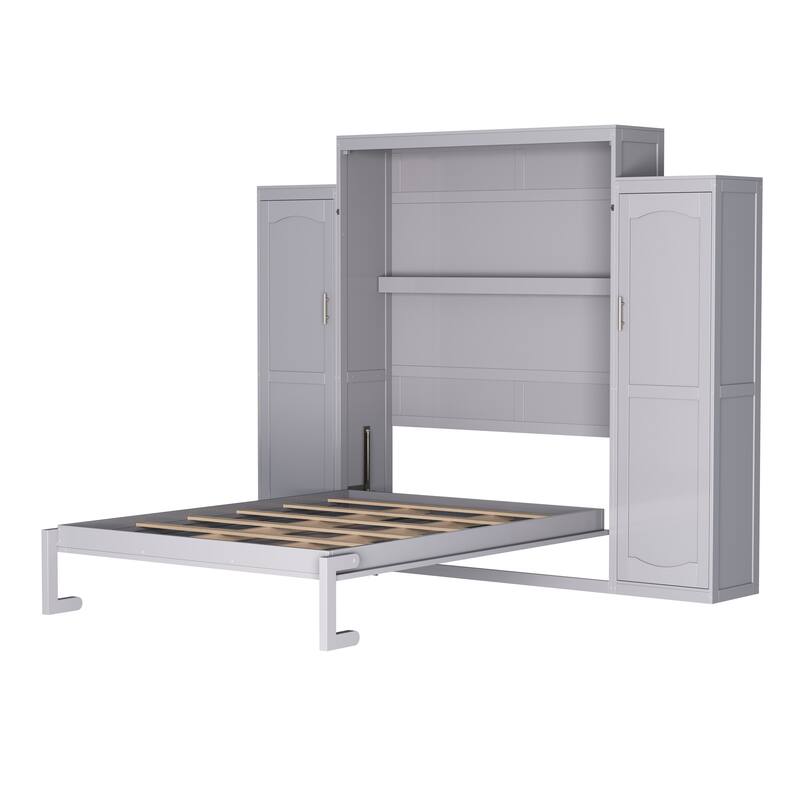 Multifunctional Queen Size Wooden Murphy Bed w/ 2 Wardrobe & Storage Shelf Foldable Wall Bedframe for Guest-Room, Bedroom