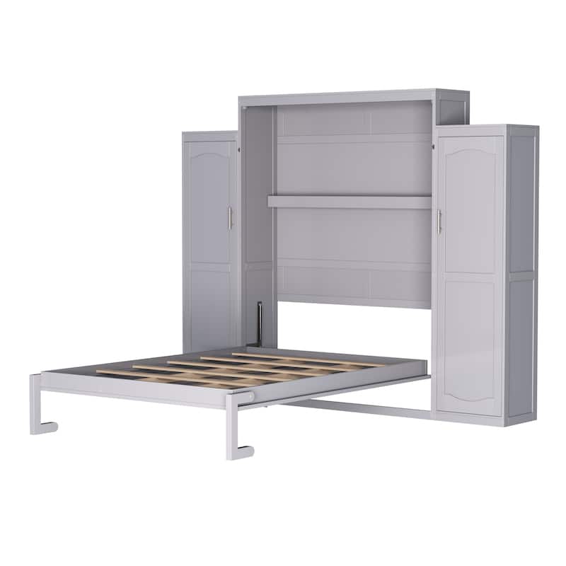 Murphy Bed, Wooden Wall Bed with 2 Wardrobe and Storage Shelf