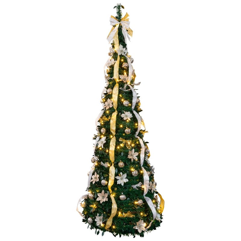 7 FT Fully Decorated Pre-lit Pop Up Artificial Xmas Tree with 200 Warm Lights Remote Control - Green+Gold+Silver