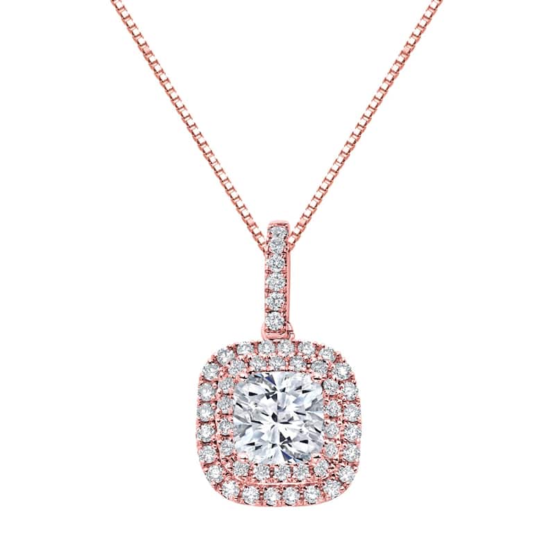Auriya 14k Gold 3 1/10ct TDW Certified Cushion Cut Double Halo Diamond Necklace (SI1-SI2) - Rose