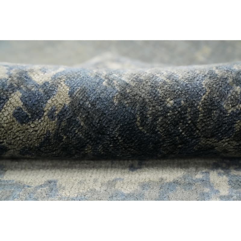 Hand Knotted Oriental Viscose Silk Carpet Modern All-Over Navy Blue & Blues Abstract Area Rug - 4' 7'' X 2' 7''