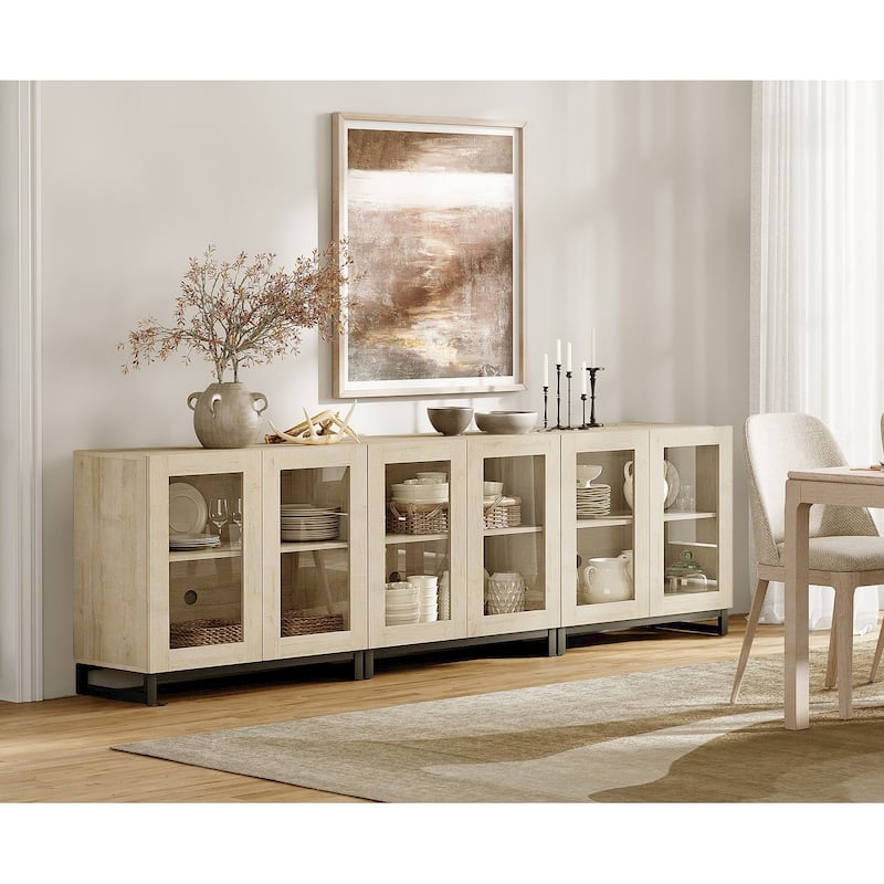 WAMPAT Multifunctional Sideboard Buffet Cabinets with Glass Doors, Modern Sideboard with Adjustable Shelf, Coffee Bar Cabinet - 3PCS - Beige