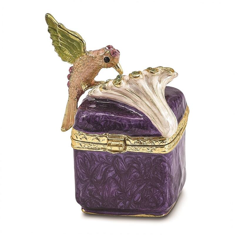 Curata Pewter Crystals Gold-Tone Enameled Harlow Purple Box/Flower/Hummingbird Trinket Box on 18 Inch Necklace