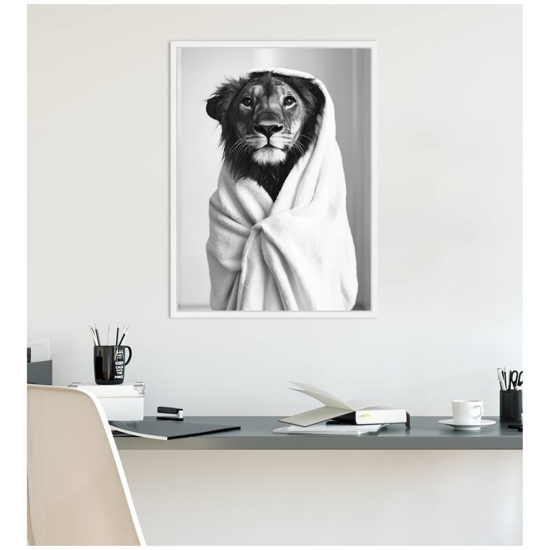 Kate and Laurel Sylvie Lioness Bathroom Art Towel Robe Black and White Framed Canvas by The Creative Bunch Studio