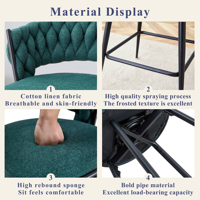 Set of 2 Bar Stools with Breathable Cotton and Linen Soft Cushions, Black spray-painted Iron Frame