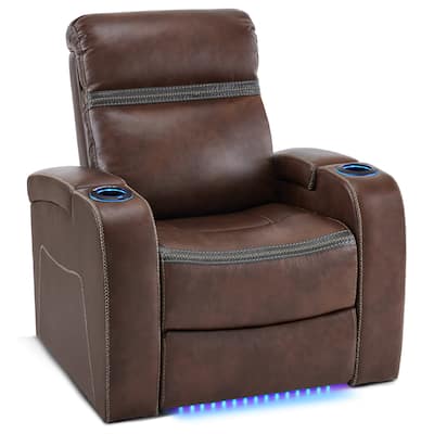 MCombo Power Recliner Chair, Home Theater Seating with Adjustable Headrest, USB Port and LED Light, Faux Leather HTS400