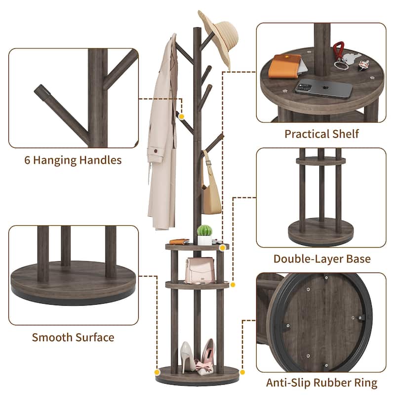 VECELO Modern Freestanding Coat Rack with 6 Branch Hooks Double Shelves, and Shoe Storage for Entryway Living Room Bedroom