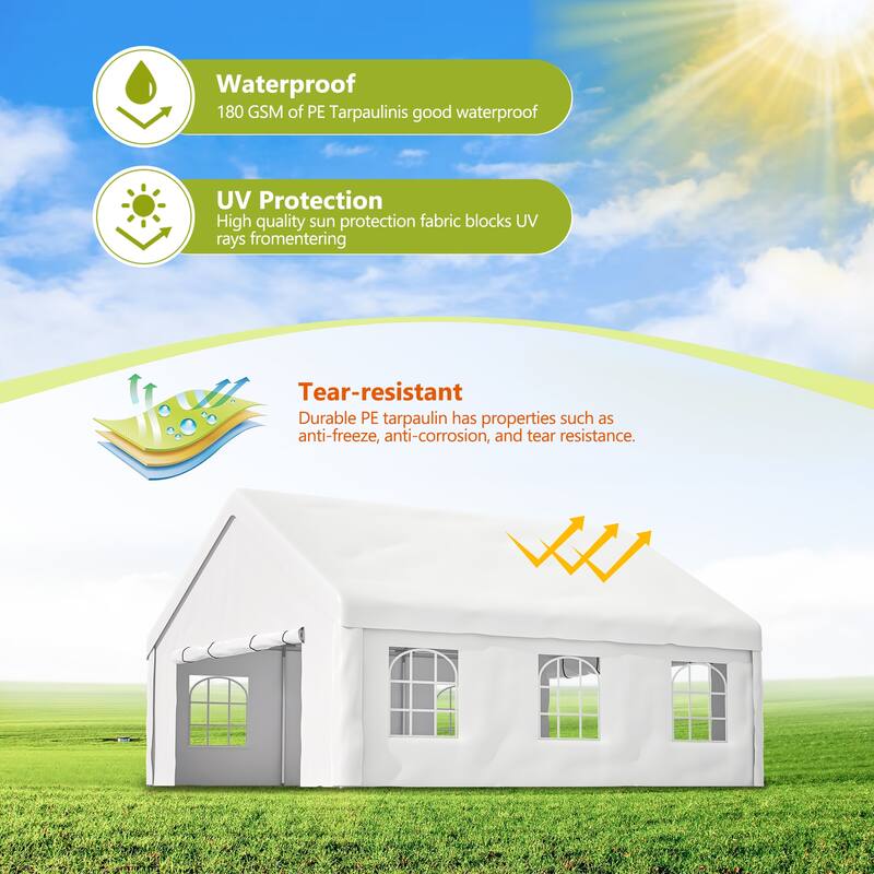 Large White Event Canopy Tent with Zipper Doors and Waterproof PE Cover for Backyard or Gatherings