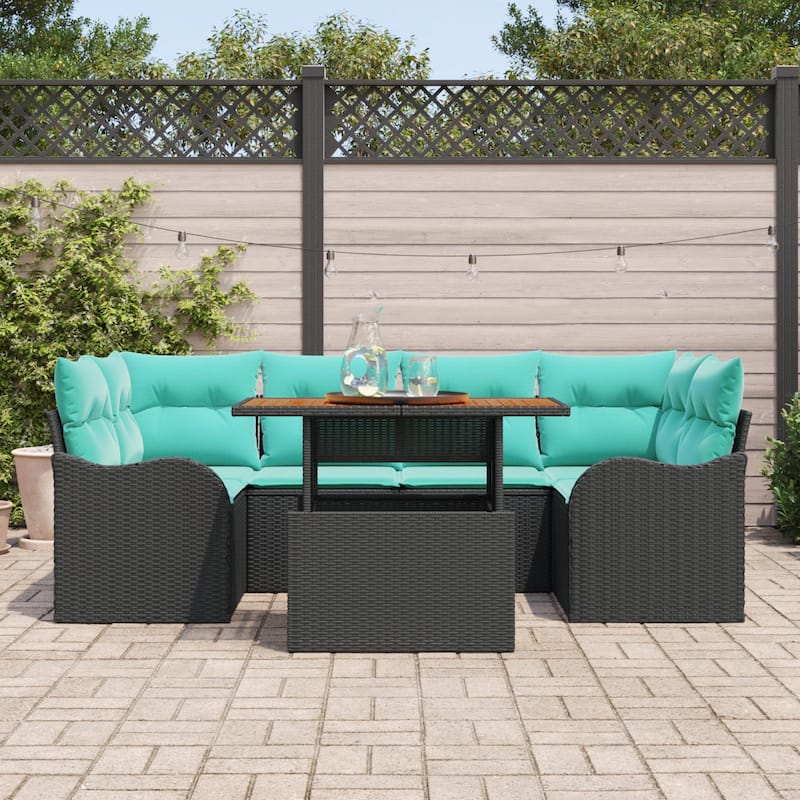 vidaXL 7 Piece Garden Sofa Set with Cushions Black Poly Rattan Acacia - 92.1 x 48.2 x 27.2