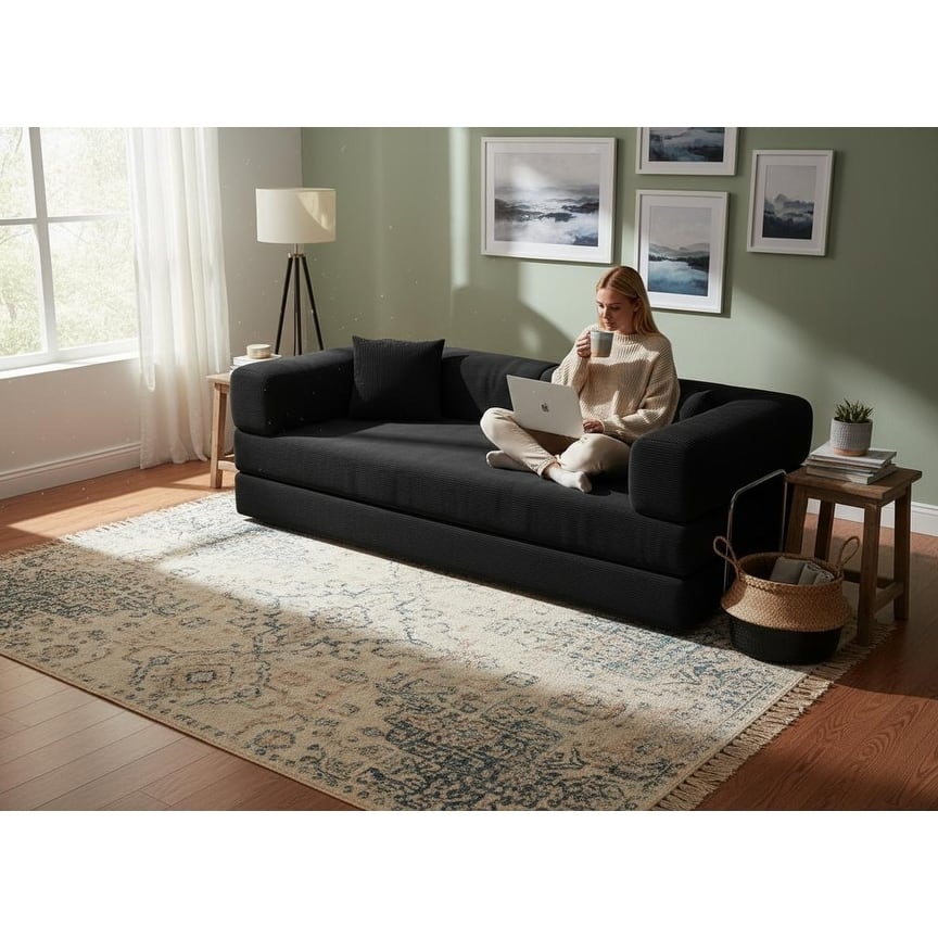 Modular Convertible Sleeper Sofa Bed, Corduroy Fabric Compression Sofa, Floor-Standing Sofa Bed with Armrests & Backrest
