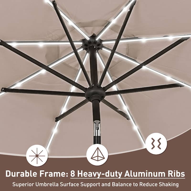 Ainfox 10ft Solar Patio Umbrella 40 LED Lighted and Umbrella Base, Strip Lights Outdoor Market Table Umbrella