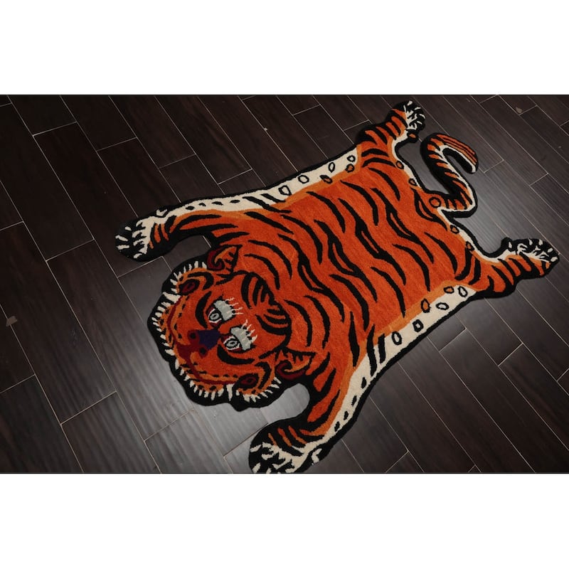 Hand Tufted Hand Made Wool Tiger Novelty Oriental Area Rug Orange - 3' x 5'