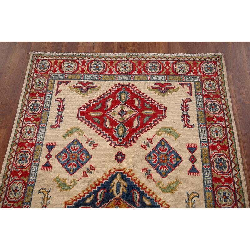 Geometric Kazak Accent Rug Hand-Knotted Beige Wool Carpet - 3'3" x 5'1"