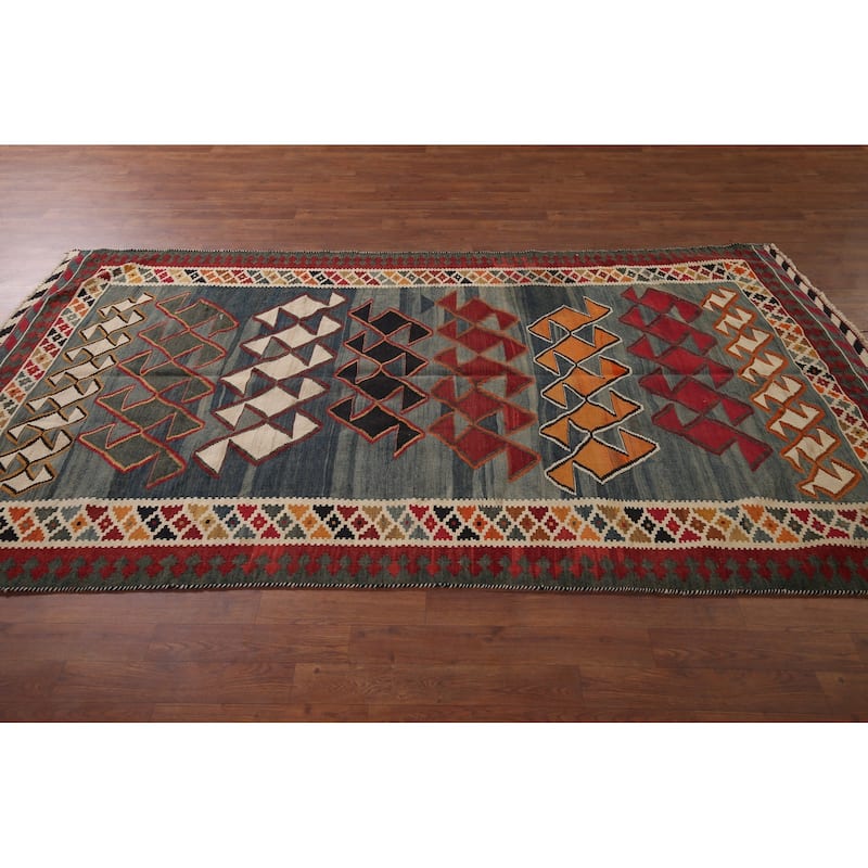 Kilim Qashqai Persian Vintage Rug Hand-Woven Blue Wool Carpet - 4'9"x 8'9"