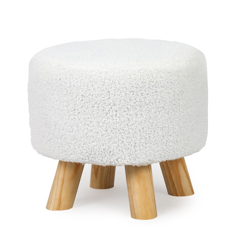Adeco Round Ottoman Velvet Foot Rest Stool with Non-Skid Legs - White-Teddy-Velvet