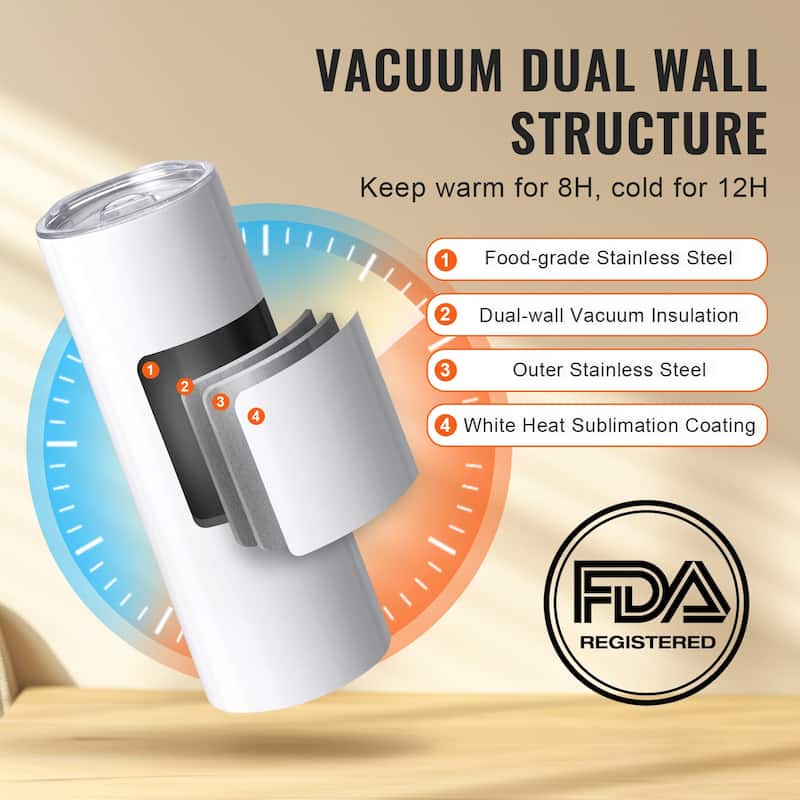 Sublimation Tumblers, Skinny Straight Stainless Steel Blanks Cups with Lid and Straw, Gift Box