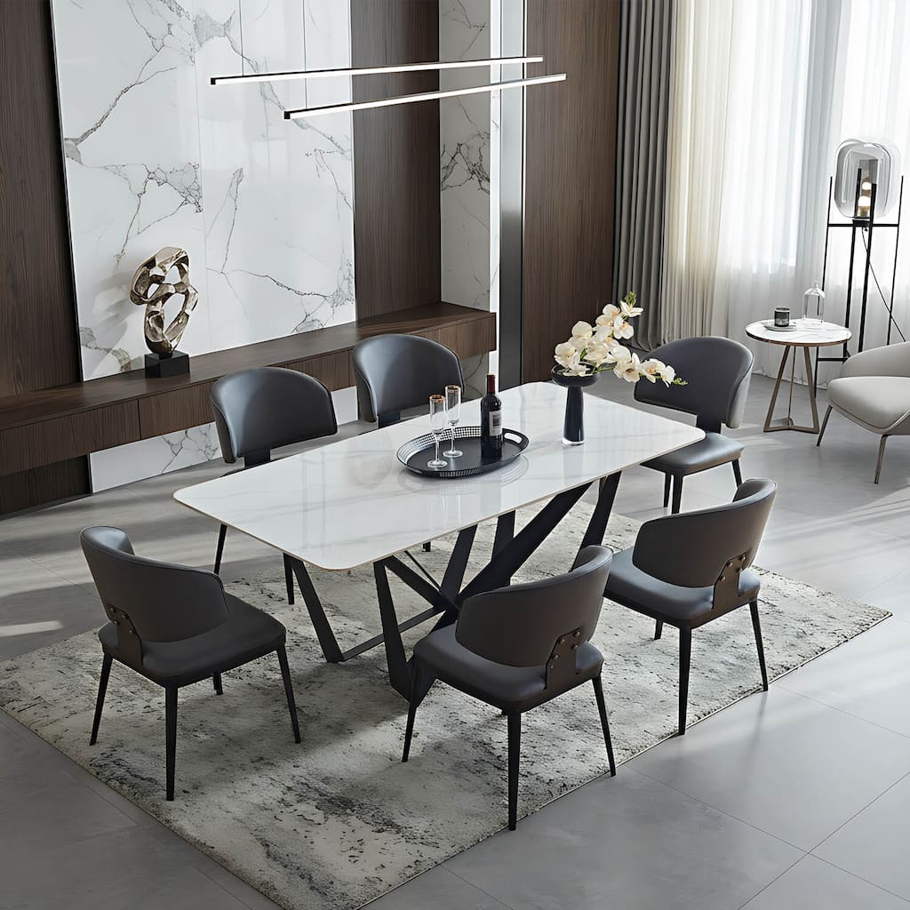 Modern Rectangular Sintered Stone Dining Table - Unique Natural Texture Tabletop with Black Metal Base