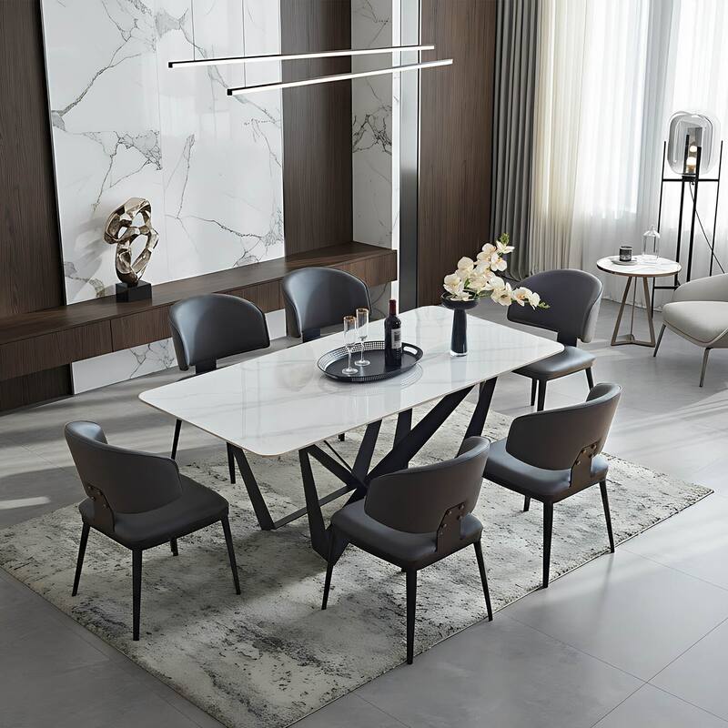 Modern Rectangular Sintered Stone Dining Table - Unique Natural Texture Tabletop with Black Metal Base - 70.87"L x 35.43"W